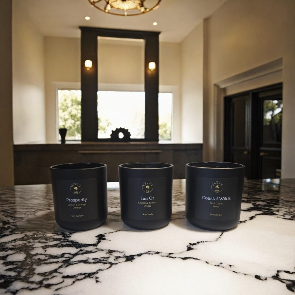 Trinity of Óir [of Gold] black candle jars styled in a modern, sophisticated home interior by Sonas Óir.