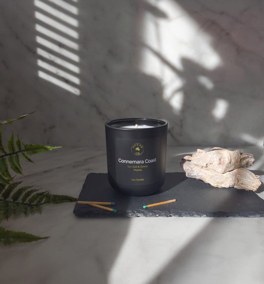Connemara Coast luxury soy candle featuring sea salt, ozone and marine notes, hand-poured by Sonas Óir in BC.