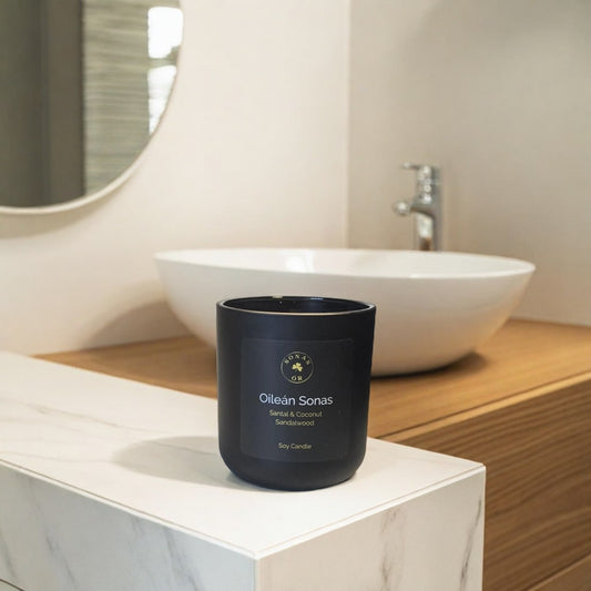 Oileán Sonas luxury soy candle featuring santal, coconut and sandalwood, hand-poured  by Sonas Óir in BC.