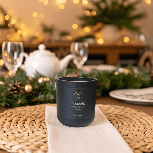 Prosperity luxury soy candle featuring lemon, orange, amber and vanilla notes, hand-poured by Sonas Óir in BC.